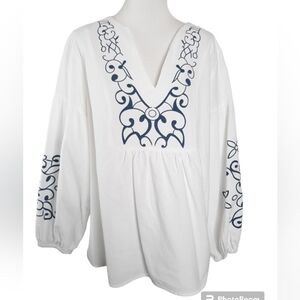 White Cotton Peasant Blouse with Stamped Blue Drop Shoulder Puff Sleeves Size XL